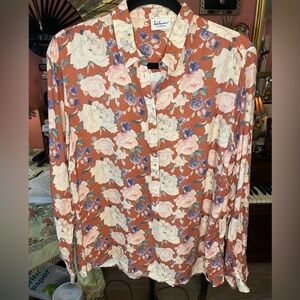 Luis Trenker burnt Orange floral 3/4 button down blouse XS Retail around $200